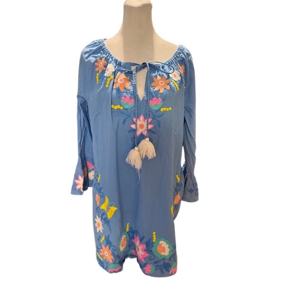 Debbie Katz Dress Womens XS Blue Floral Embroidered Tassel Tie Tunic Shift